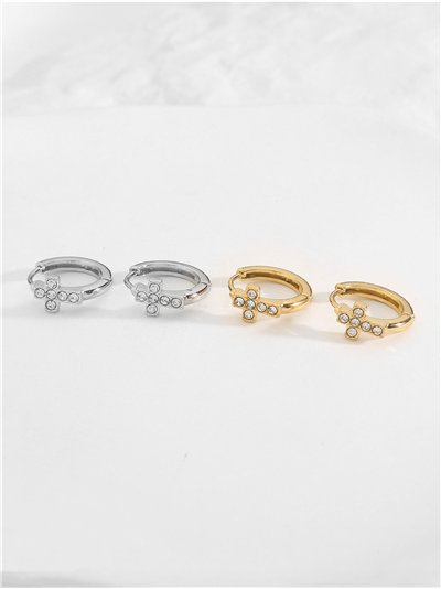 Pendientes aros cruz con circonitas - Acero inoxidable