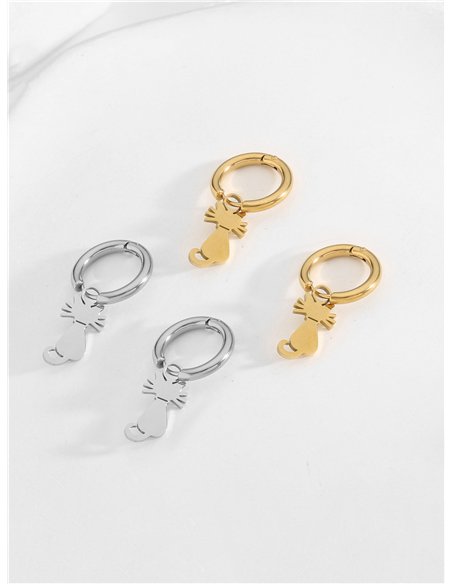 Pendientes aros colgantes con gato - Acero inoxidable