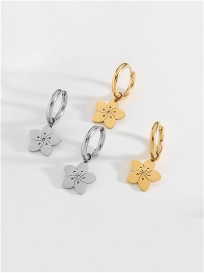 Pendientes aros colgantes con flor - Acero inoxidable