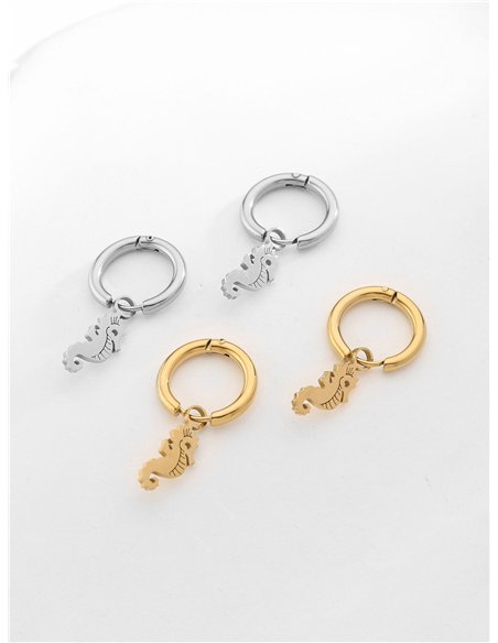 Pendientes aros colgantes con caballito de mar - Acero inoxidable