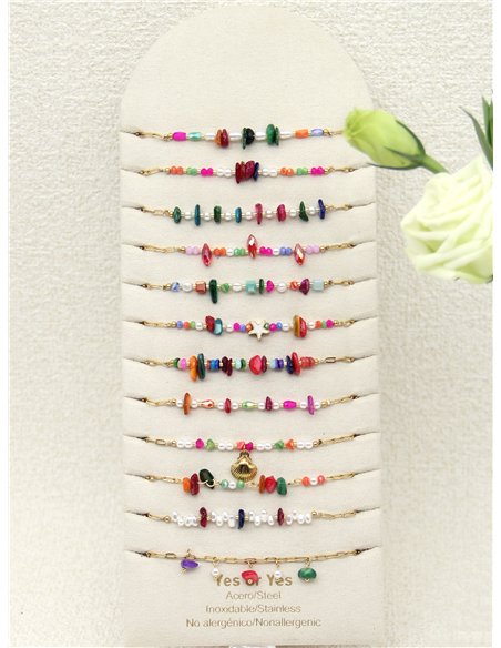 Conjunto de 12 pulseras con piedras y conchas - Acero inoxidable
