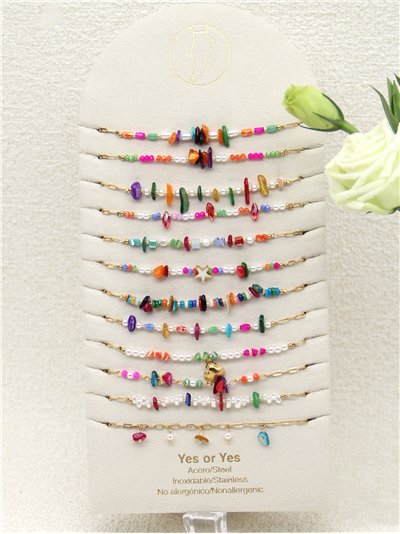 Conjunto de 12 tobilleras con piedras y conchas - Acero inoxidable