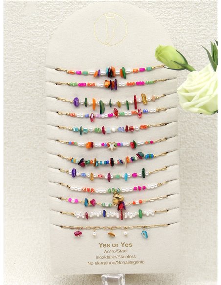 Conjunto de 12 tobilleras con piedras y conchas - Acero inoxidable