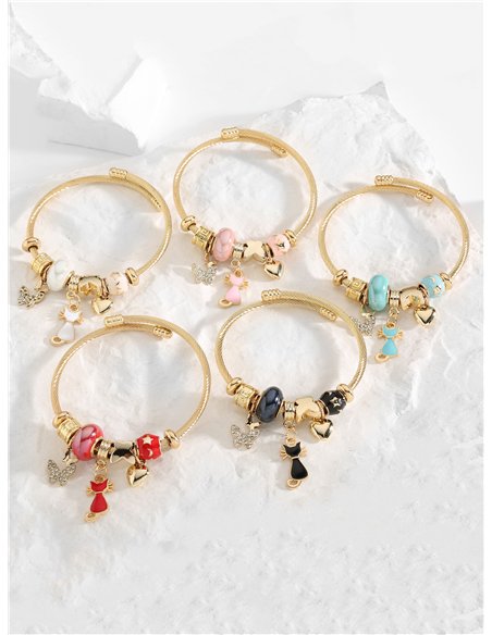 Pulsera de acero inoxidable charm gato esmaltado