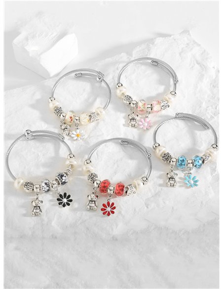Pulsera de acero inoxidable charm flor esmaltada y osito