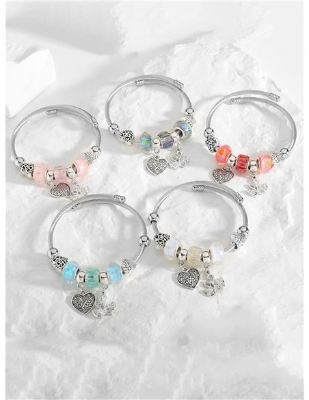 Pulsera de acero inoxidable charm corazón y cisnes con circonitas