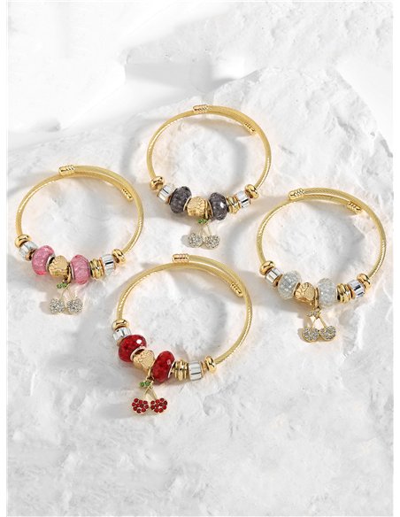 Pulsera de acero inoxidable charm cerezas con circonitas
