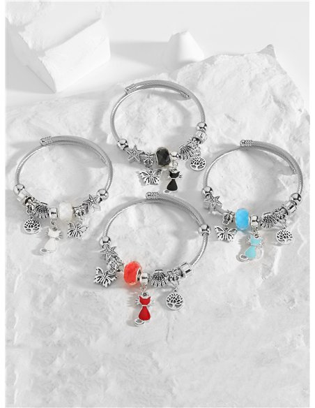 Pulsera de acero inoxidable charm gato esmaltado