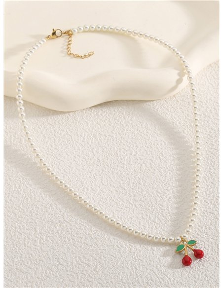 Collar perlas charm cerezas esmaltada - Acero inoxidable