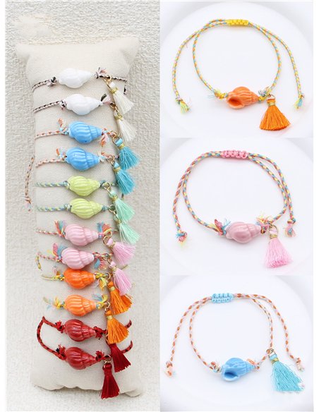 Conjunto de 12 pulseras ajustables de cordón caracola con borlas