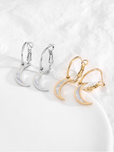 Women's Jewellery Supplier - Dangling hoop earrings with mother-of-pearl moon charm - Stainless Steel