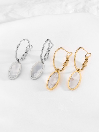 women's jewellery supplier- Dangling hoop earrings with mother-of-pearl oval charm - Stainless Steel