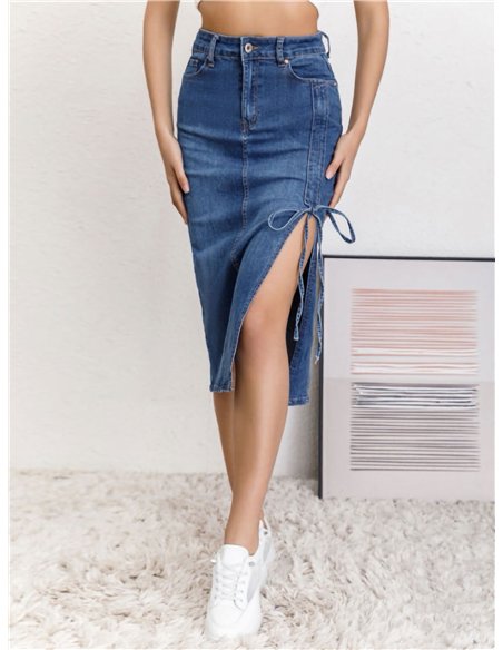 Falda denim midi abertura lace up