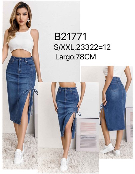 Falda denim midi abertura lace up