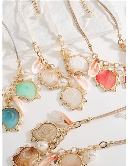 Collar cuerda caracola de resina con perlas - Acero inoxidable