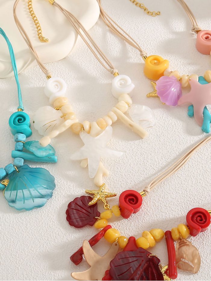 Collier corde sous la mer en résine avec perles effet pierre - Acier inoxydable