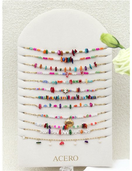 Conjunto de 12 collares cadenas con piedras y perlas - Acero inoxidable - Expositor incluido