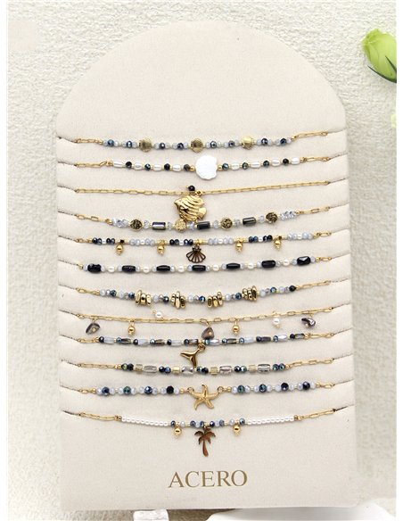 Conjunto de 12 collares cadenas con colgantes y abalorios - Acero inoxidable - Expositor incluido