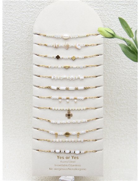 Conjunto de 12 pulseras cadenas con abalorios - Acero inoxidable - Expositor incluido