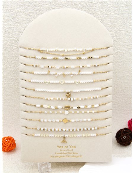 Conjunto de 12 collares cadenas con colgantes y perlas - Acero inoxidable - Expositor incluido