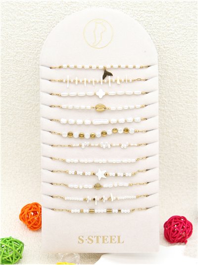 Conjunto de 12 tobilleras cadenas con colgantes y perlas - Acero inoxidable - Expositor incluido