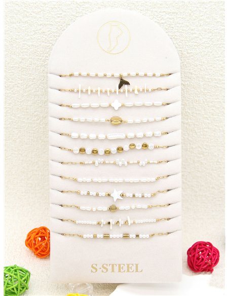 Conjunto de 12 tobilleras cadenas con colgantes y perlas - Acero inoxidable - Expositor incluido