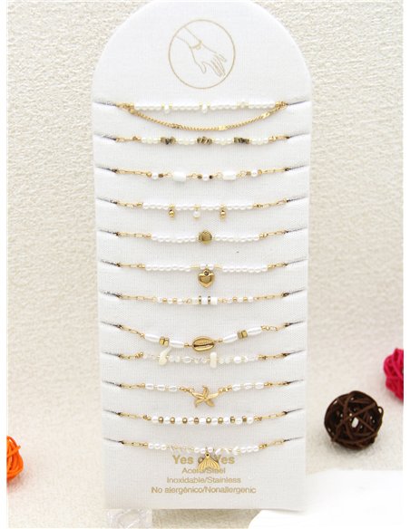 Conjunto de 12 pulseras cadenas con perlas y charms - Acero inoxidable - Expositor incluido