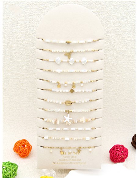 Conjunto de 12 pulseras cadenas con colgantes y abalorios - Acero inoxidable - Expositor incluido