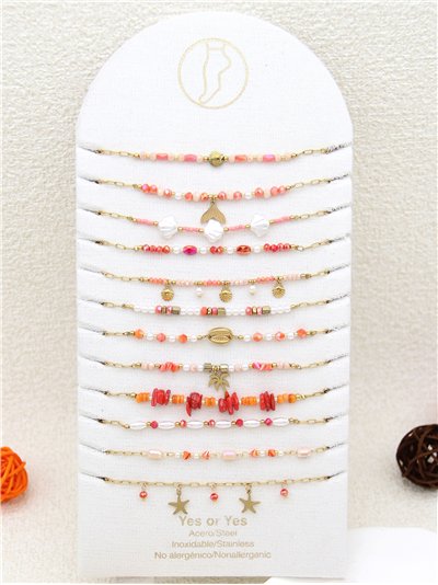 Conjunto de 12 tobilleras cadenas con colgantes y abalorios - Acero inoxidable - Expositor incluido