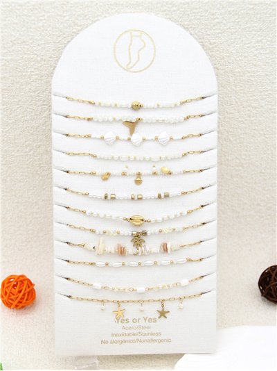 Conjunto de 12 tobilleras cadenas con colgantes y abalorios - Acero inoxidable - Expositor incluido 2