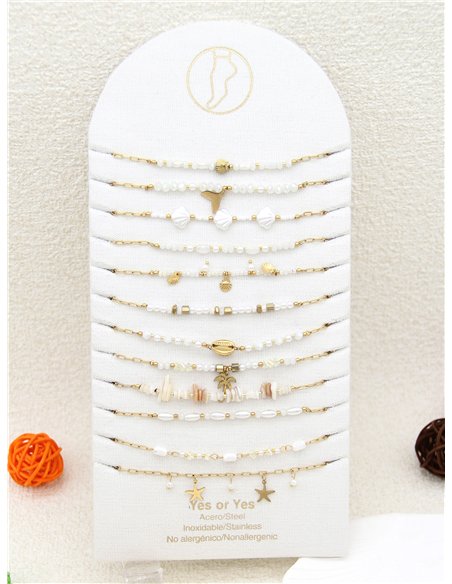 Conjunto de 12 tobilleras cadenas con colgantes y abalorios - Acero inoxidable - Expositor incluido