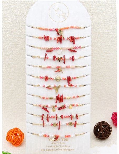 Conjunto de 12 pulseras cadenas con colgantes y abalorios - Acero inoxidable - Expositor incluido