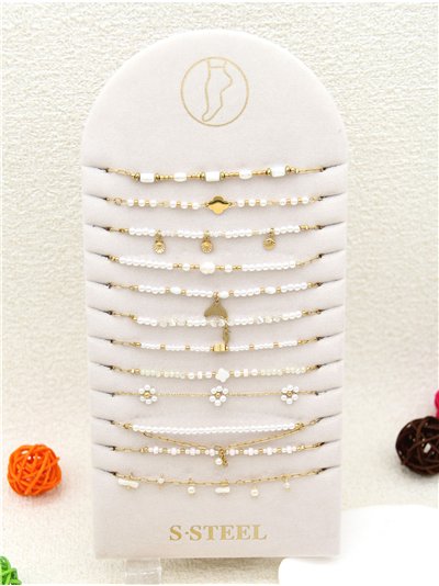 Conjunto de 12 tobilleras cadenas con colgantes y perlas - Acero inoxidable - Expositor incluido