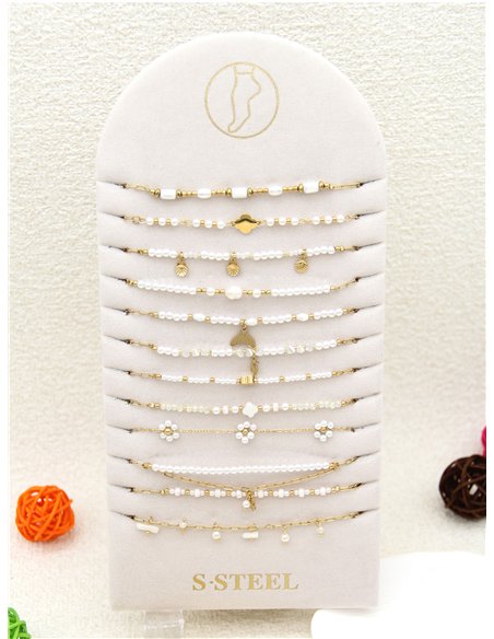 Conjunto de 12 tobilleras cadenas con colgantes y perlas - Acero inoxidable - Expositor incluido