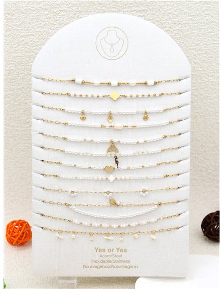 Conjunto de 12 collares cadenas con colgantes y perlas - Acero inoxidable - Expositor incluido