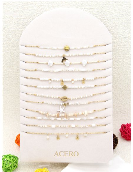 Conjunto de 12 collares cadenas con perlas y colgantes bajo el mar - Acero inoxidable - Expositor incluido