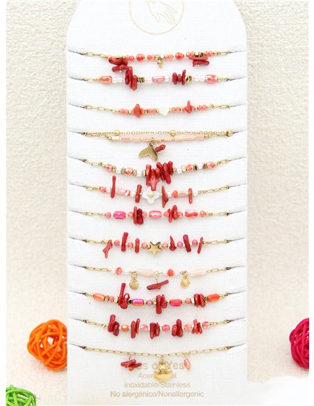 Conjunto de 12 pulseras con piedras y charms - Acero inoxidable - Expositor incluido