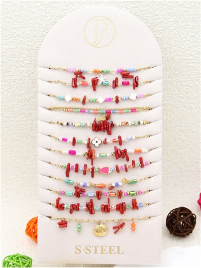 Conjunto de 12 tobilleras cadenas con colgantes y piedras - Acero inoxidable - Expositor incluido