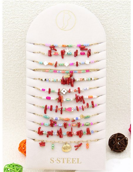 Conjunto de 12 tobilleras cadenas con colgantes y piedras - Acero inoxidable - Expositor incluido