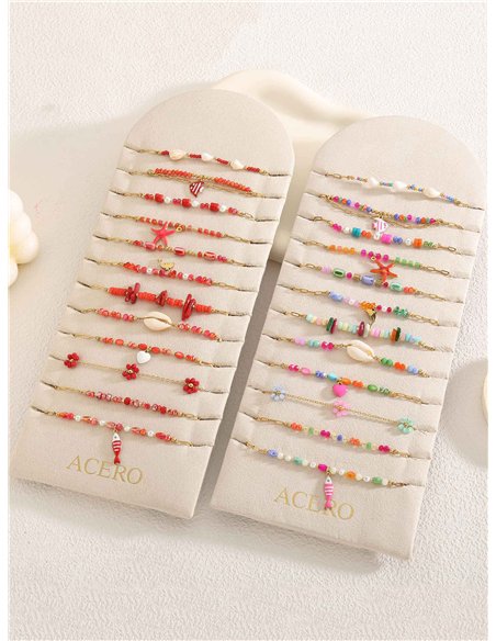 Conjunto de 12 pulseras cadenas con colgantes y abalorios - Acero inoxidable - Expositor incluido