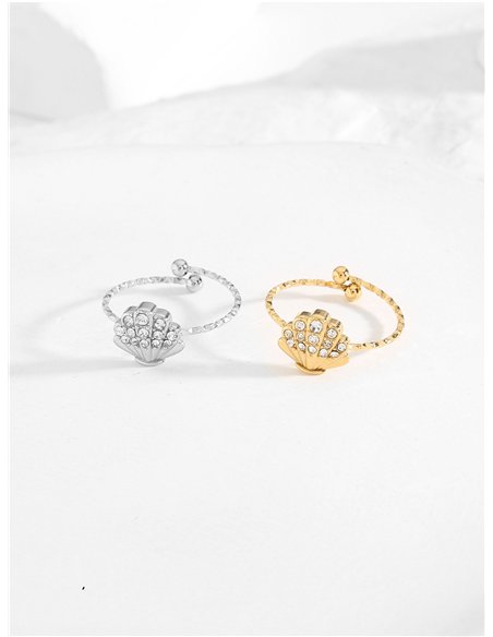 Anillo abierto concha con circonitas - Acero inoxidable