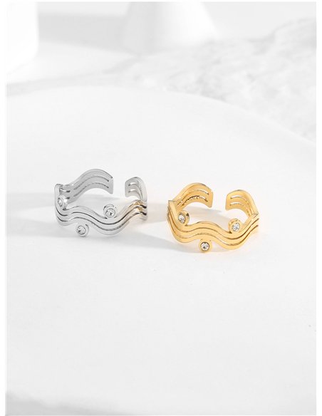 Anillo abierto olas con circonitas - Acero inoxidable