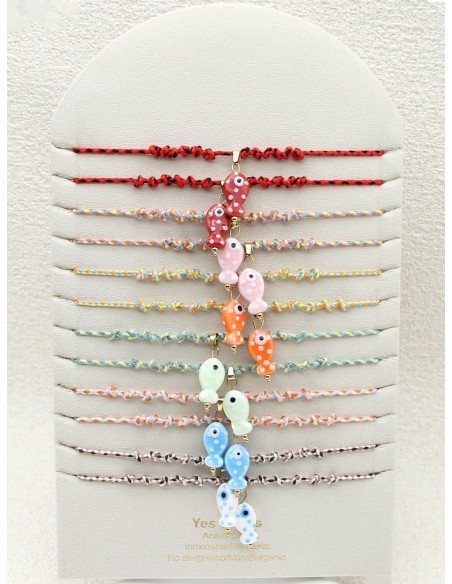 Conjunto de 12 collares ajustables de cordón con charm pez - Expositor incluido