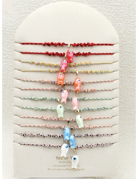 Conjunto de 12 collares ajustables de cordón con charm pez - Expositor incluido