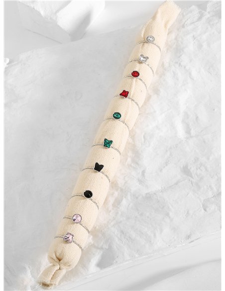 Conjunto de 10 anillos con pedrería - Acero inoxidable - Expositor incluido