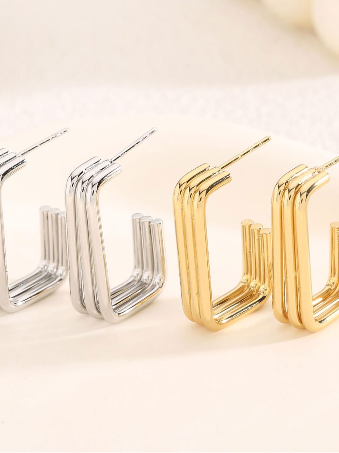 Pendientes aros rectangulares efecto triple - Acero inoxidable