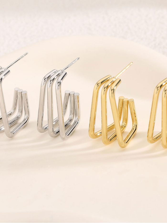 Ohrringe mit rechteckigen Ringen und dreifachem Effekt - Edelstahl