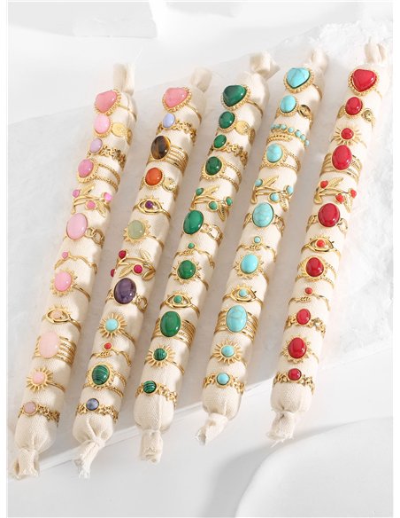 Conjunto de 12 anillos efecto piedra - Acero inoxidable - Expositor incluido