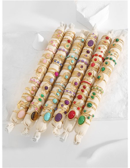 Conjunto de 12 anillos efecto piedra - Acero inoxidable - Expositor incluido