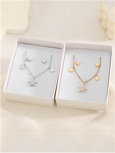Conjunto de collar cadena charm estrellas con circonitas + Pendientes - Acero inoxidable
